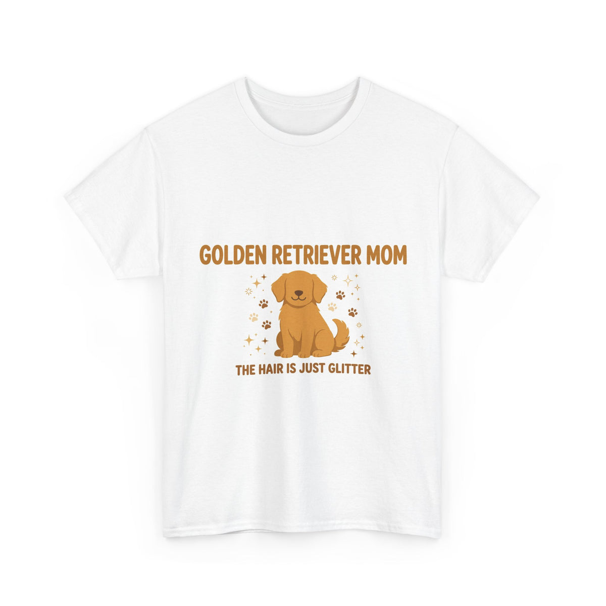 Golden Retriever Mom t-shirt in white with a golden retriever puppy and 'The Hair Is Just Glitter' design, front view