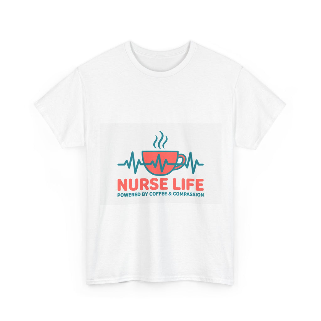 Nurse Life t-shirt in white with a coffee cup and EKG heartbeat design, front view