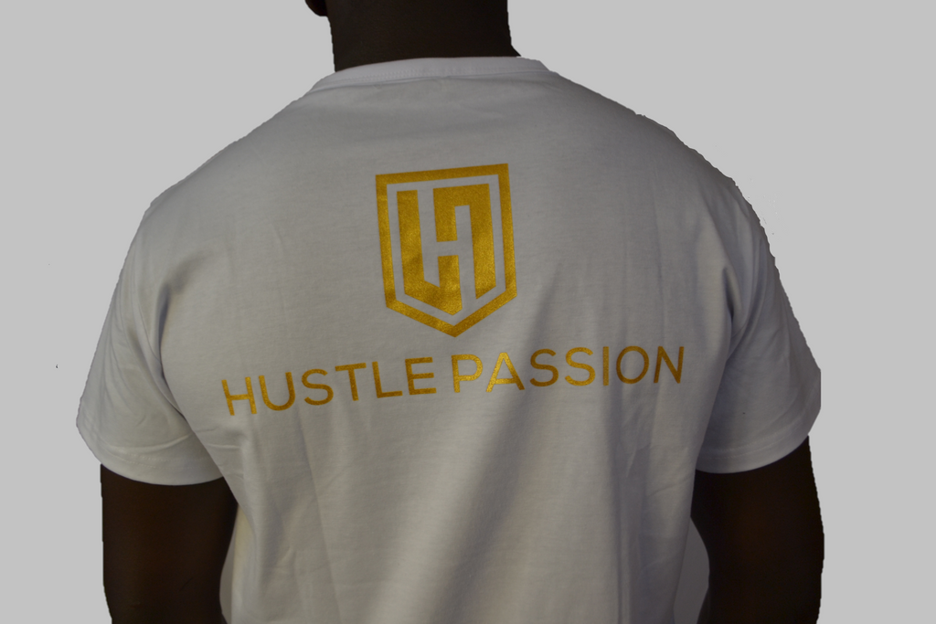 Back view of the white Knowledge T-shirt with gold H shield logo and Hustle Passion lettering
